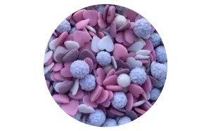 Zmes na zdobenie cukrom Srdiečka, guľôčky a mimózy - fialová a ružová - 50 g - Ostatní
