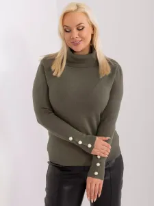 Khaki PLUS SIZE sveter s golierom a ozdobnými gombíkmi na rukávoch - L/XL