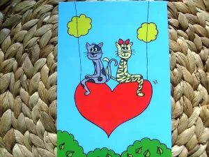 Pohľadnica kreslená mačka Číslo: kočka, kocour a srdce #2487245