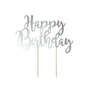 Zápich - dekorácia na tortu Happy Birthday, strieborná 22,5 cm - PartyDeco