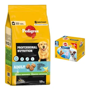 Pedigree Professional Nutrition 12kg + Dentastix Large 56ks - 15% zľava -  Adult s hydinou a zeleninou + Stix každodenná starostlivosť o zuby 56 ks Large pre veľkých psov (>25 kg)