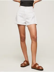 Rifľové krátke nohavice Pepe Jeans Reese dámske, biela farba, s nášivkou, vysoký pás #6386967