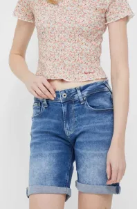 Rifľové krátke nohavice Pepe Jeans dámske, jednofarebné, stredne vysoký pás #8511619