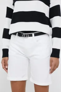 Rifľové krátke nohavice Pepe Jeans Poppy dámske, biela farba, jednofarebné, stredne vysoký pás