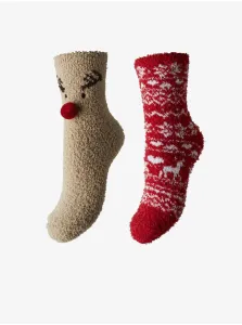 Súprava dvoch párov dámskych vianočných ponožiek v béžovej a červenej farbe Pieces Joy