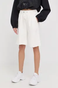 Bavlnené šortky Pinko dámske, béžová farba, s potlačou, vysoký pás #7652979