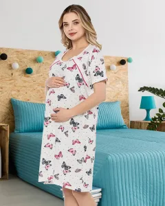 Biela tehotenská a dojčiaca nočná košeľa s motýlikmi - Oblečenie