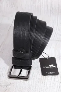 Polo Air Men's Leather Belt with Stripe Pattern, Black Color #8589890