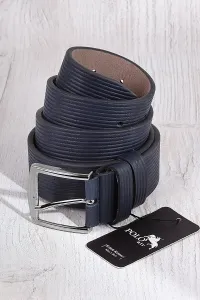 Polo Air Men's Leather Belt with Stripe Pattern, Navy Blue