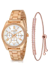 Polo Air Luxury Stone Detailed Women's Wristwatch and Zircon Stone Baguette Bracelet Combination Copper Color