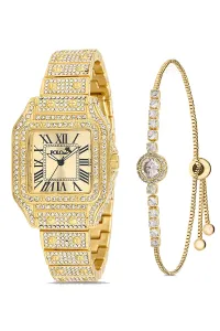 Polo Air Luxury Stone Large Case Roman Numeral Women's Wristwatch Zircon Stone Bracelet Combination Gold Color