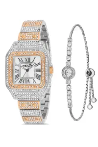 Polo Air Luxury Stone Large Case Roman Numeral Women's Wristwatch Zircon Stone Bracelet Combination Silver-Copper