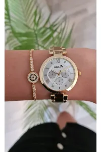 Polo Air Roman Numeral Women's Wristwatch and Zircon Stone Evil Eye Bracelet Combination Yellow Color