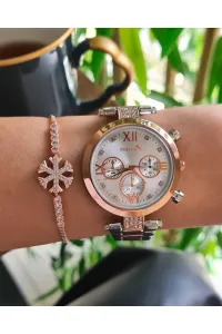 Polo Air Sport Stylish Women's Wristwatch and Zircon Stone Snowflake Bracelet Combination Copper Silver Color