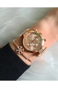 Polo Air Sports Stylish Women's Wristwatch and Zircon Stone Snowflake Bracelet Combination Copper Color