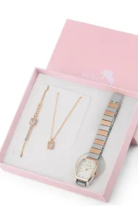 Polo Air Vintage Women's Wristwatch with Zircon Stone Baguette Necklace Bracelet Special Combination Set Silver-Copper Color