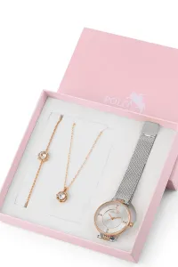 Polo Air Wicker Cord Women's Wristwatch with Zircon Stone Necklace Bracelet Special Combination Set Silver-Copper Color