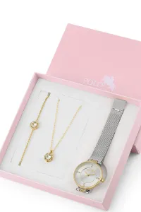 Polo Air Wicker Cord Women's Wristwatch with Zircon Stone Necklace Bracelet Special Combination Set Silver-Yellow Color