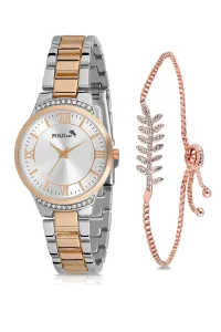 Polo Air Women's Wristwatch and Zircon Stone Leaf Bracelet Combination Copper Silver Color