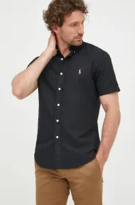 Bavlnená košeľa Polo Ralph Lauren pánska, čierna farba, slim, s golierom button-down