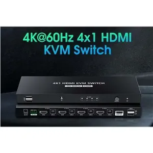 PremiumCord 4K@60Hz HDMI2.0 KVM switch 4:1 s diaľkovým ovládačom