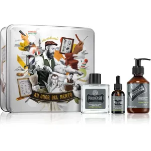 PRORASO Cypress & Vetyver Beard Wash darčeková kazeta šampón na fúzy 200 ml + balzam na fúzy 100 ml + olej na fúzy 30 ml + plechová dóza pre mužov