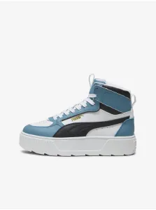 White and Blue Women's Leather Ankle Sneakers on Puma Kar Platform - Ladies #8100206