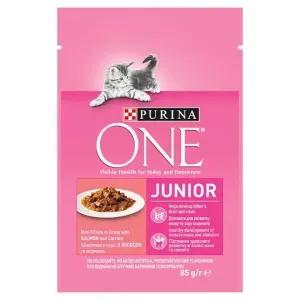 PURINA ONE cat Junior mini filetky s lososom a mrkvou v šťave kapsičky pre mačky 26x85g