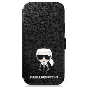 Puzdro Karl Lagerfeld iPhone 12 Mini KLFLBKP12SIKMSBK Knižkové Saffiano Iconic Metal - čierne