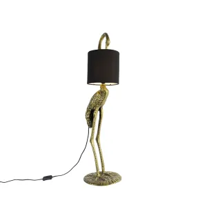 Vintage stojaca lampa z mosadze, tienidlo čierne - Crane bird