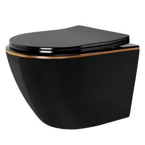 REA - Závesná WC misa vrátane sedátka Carlo Mini Flat čierna/zlatý prúžok + sedátko duraplast REA-C8800