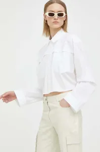 Bavlnená košeľa Remain dámska, biela farba, voľný strih, s klasickým golierom #8676633