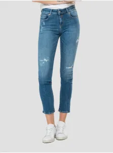 Blue Women's Shortened Slim Fit Jeans with Tattered Replay Effect - Women #629754