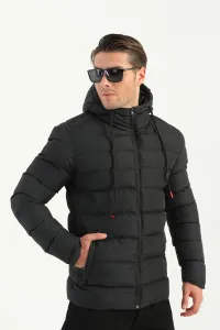 Pánsky čierny nafukovací zimný kabát River Club s podšívkou s kapucňou a vetruodolný