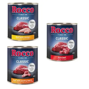 Rocco Classic balenie na skúšku 6 x 800 g - topseller mix: hovädzie, hovädzie/hydinové srdiečka, hovädzie/kuracie