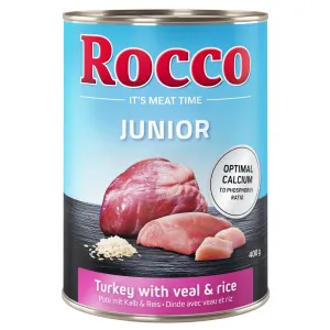 Výhodné balenie Rocco Junior 12 x 400 g - mix: morčacie s teľacími srdciami a ryžou, hydinové s kuracími srdciami a ryžou