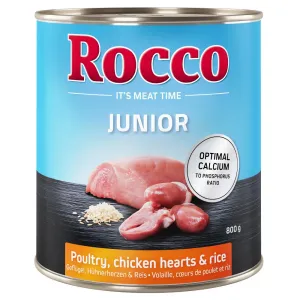 Výhodné balenie Rocco Junior 12 x 800 g - hydinové s kuracími srdciami a ryžou
