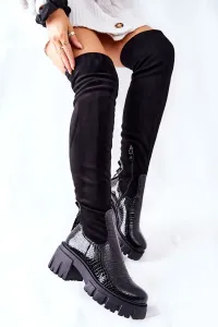 Čierne kožené čižmy čižmy Maciejka nad kolená so vzorom krokodila - 36