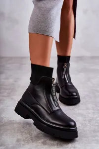 Platformové čierne dámske kožené topánky na zips s ponožkovým zvrškom - 39