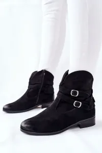 Čierne zateplené semišové členkové topánky s prackami - 37