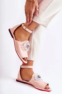 Ružové dámske sandále s ozdobou z pravej kože - 35