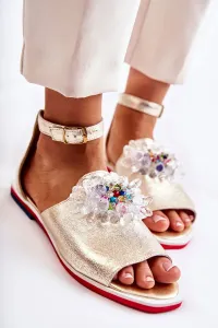Zlaté dámske kožené sandále s ozdobou - 35