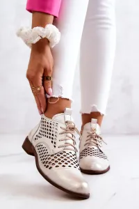 Bielo-zlaté ažúrové dámske členkové topánky z prírodnej kože - 41