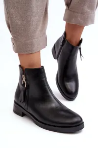 Čierne dámske členkové kožené topánky na plochých podpätkoch s ozdobným zipsom - 36