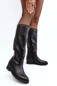 Čierne dámske kožené čižmy pod kolená zdobené cvokmi - 37