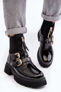 Čierne dámske lakované topánky so zipsom a dvoma prackami - 36
