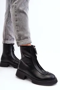 Dámske čierne kožené členkové topánky s predným zipsom - 40