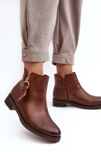 Hnedé dámske členkové kožené topánky na plochých podpätkoch s ozdobným zipsom - 37