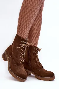 Hnedé dámske semišové šnurovacie členkové topánky na podpätkoch - 36