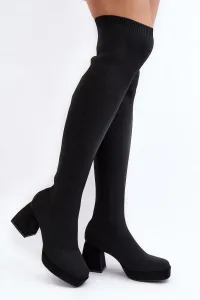 Módne dámske ponožkové čierne vysoké čižmy nad kolená na blokovom podpätku - 36